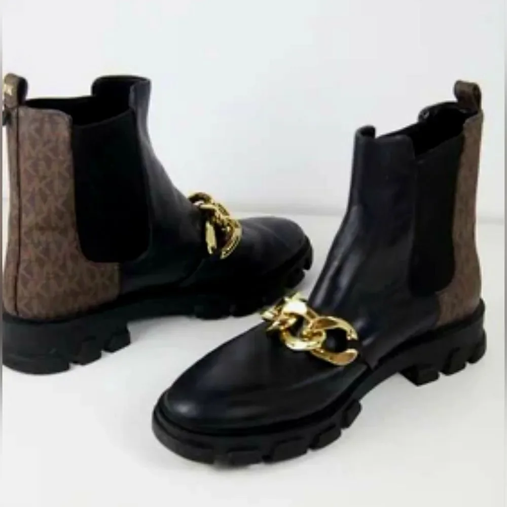 Michael Kors Scarlett Black Leather Chainlink Boots Mobwife Designer 9.5